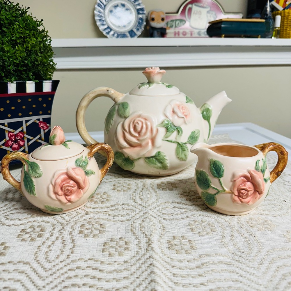 Vintage Fitz & Floyd Blushing Rose Teapot Sugar creamer Set 1987 Majolica